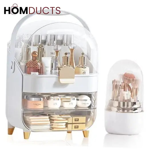 White-Gold Cosmetic Organizer with Dustproof Dome & Drawer Storage