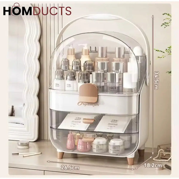 White-Gold Cosmetic Organizer with Dustproof Dome & Drawer Storage