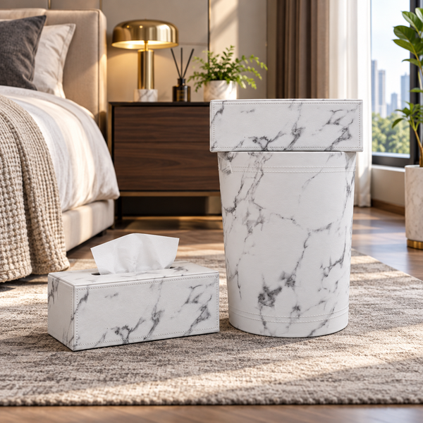 Premium White Marble-Pattern Tissue Box & Dustbin Set lifestyle image