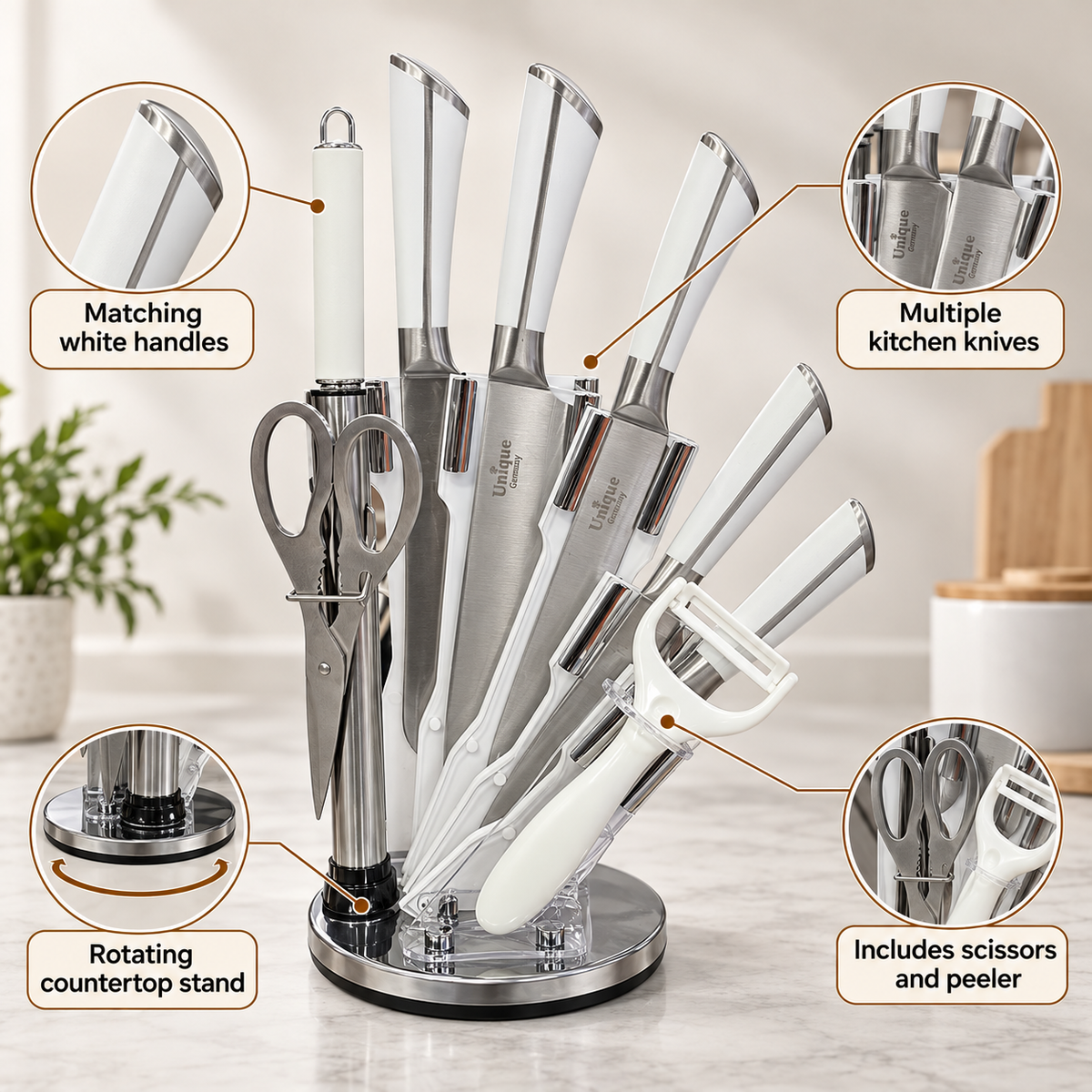 White Rotating Kitchen Knife Set with Accessories feature infographic