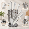 White Rotating Kitchen Knife Set with Accessories feature infographic