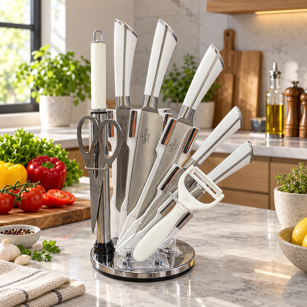 White Rotating Kitchen Knife Set with Accessories styled in a premium kitchen setting