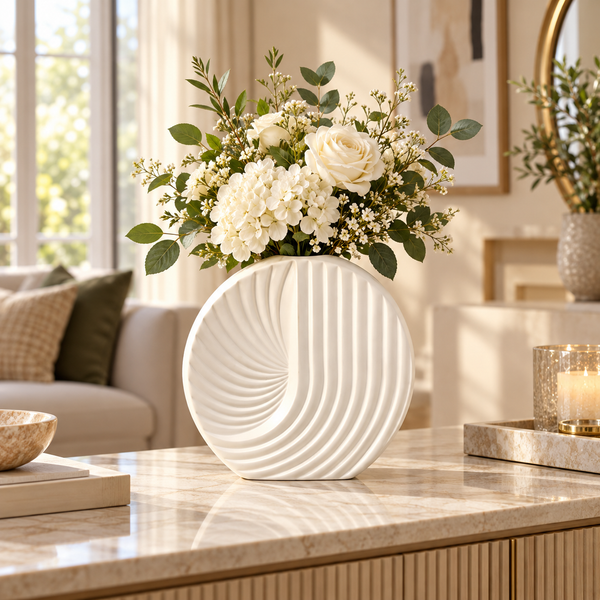 White round fan-ribbed ceramic vase