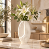 White sculptural ribbed ceramic vase, 10 inch