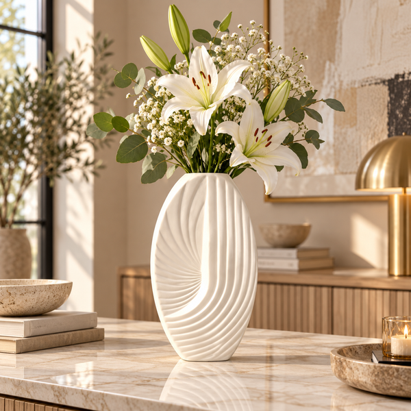White sculptural ribbed ceramic vase, 10 inch