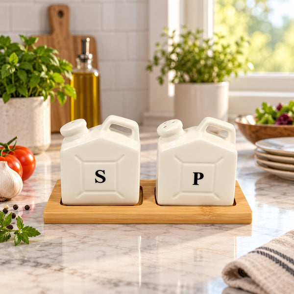 White ceramic S and P salt and pepper shaker set on bamboo tray