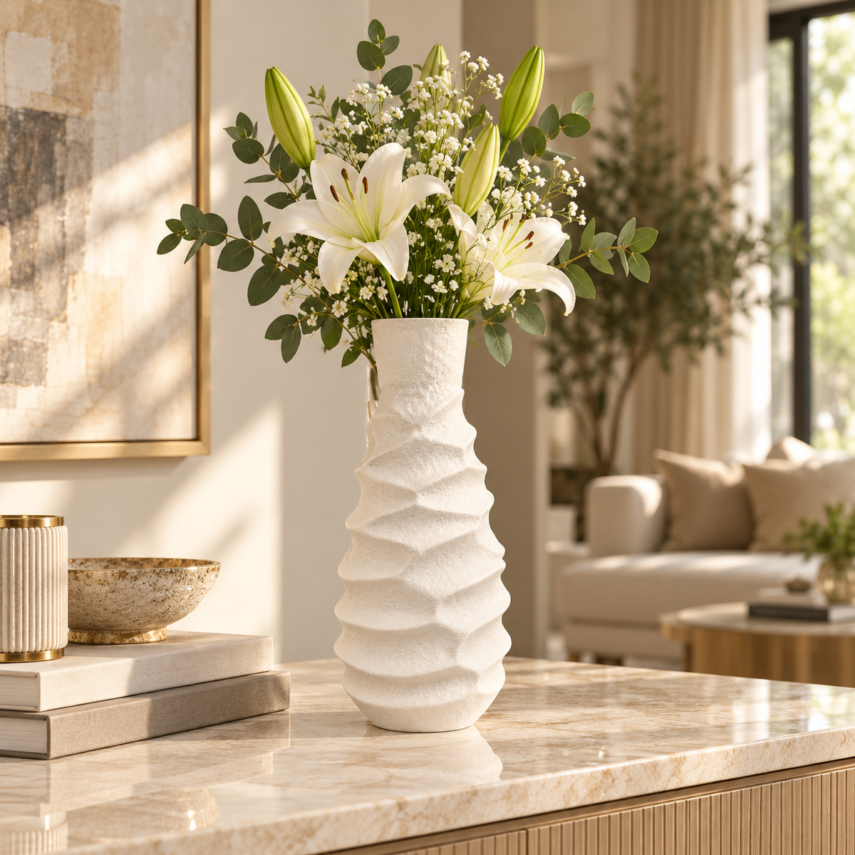 White wavy textured ceramic vase, 10 inch