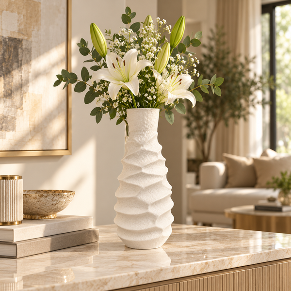 White wavy textured ceramic vase, 10 inch