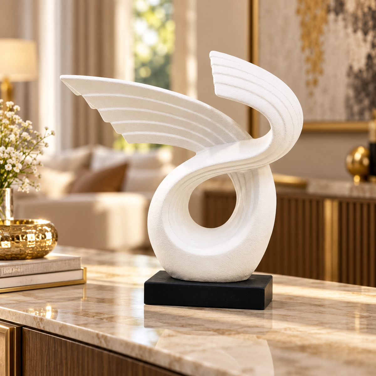 White winged loop ceramic sculpture with carved grooves on black base