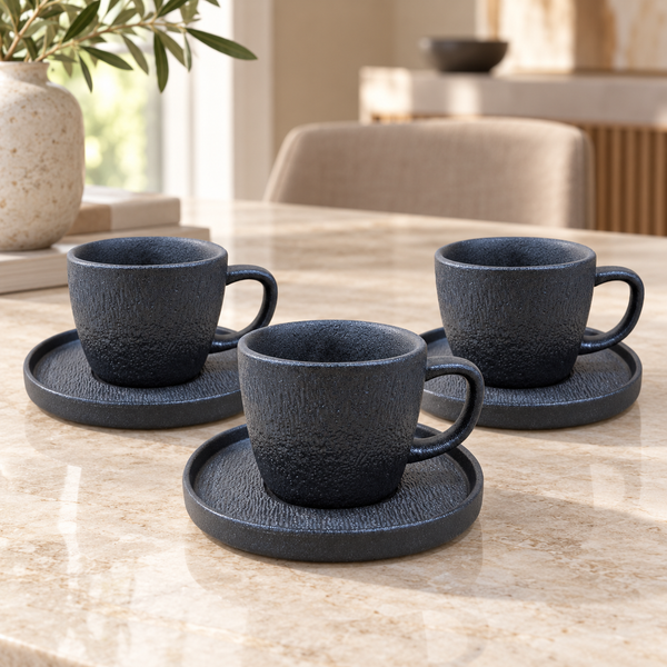 Winsor Black Textured Ceramic Cup & Saucer Set – 6 Pieces