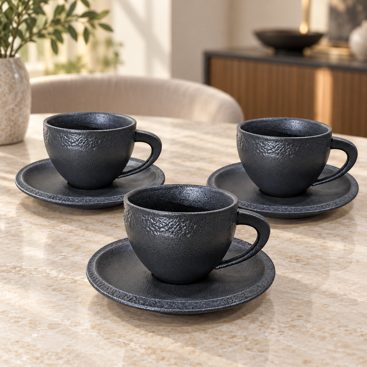 Winsor Matte Charcoal Ceramic Cup & Saucer Set – 6 Pieces