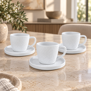 Winsor White Raised-Texture Ceramic Cup & Saucer Set – 6 Pieces