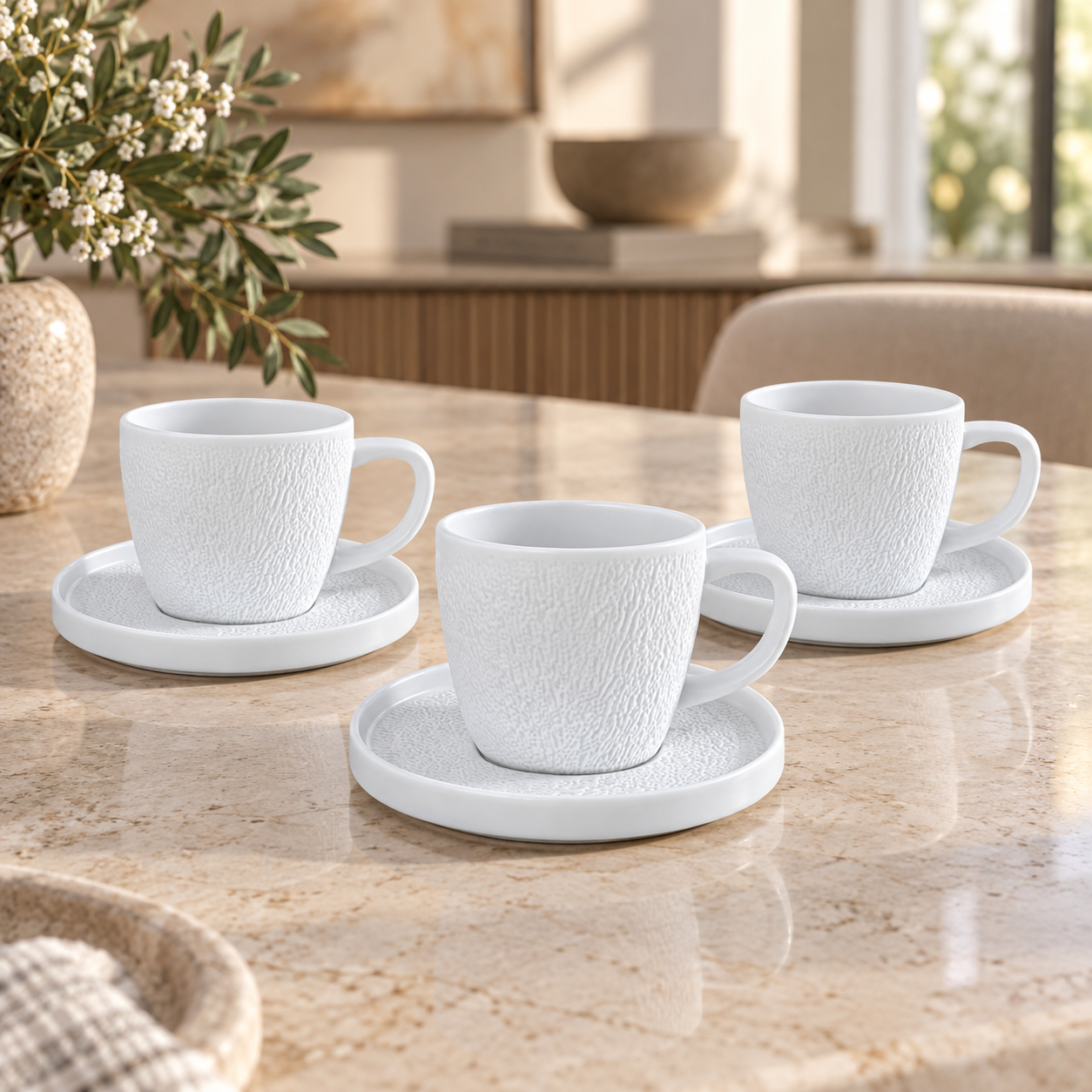 Winsor White Raised-Texture Ceramic Cup & Saucer Set – 6 Pieces