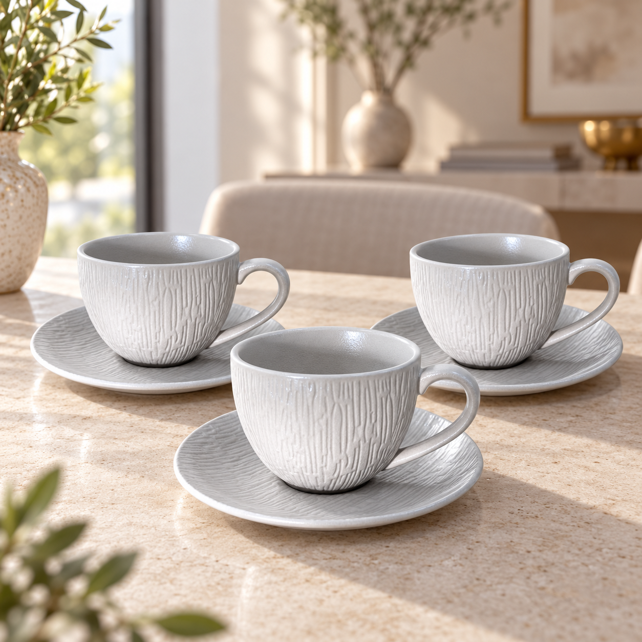 Winsor White Vertical-Texture Ceramic Cup & Saucer Set – 6 Pieces