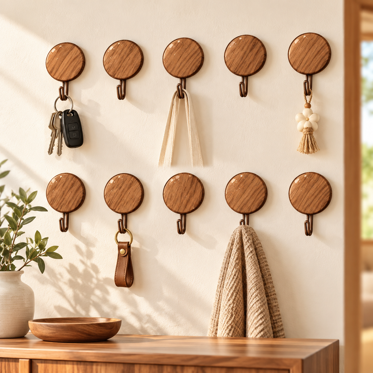 10 piece round wood grain adhesive wall hooks