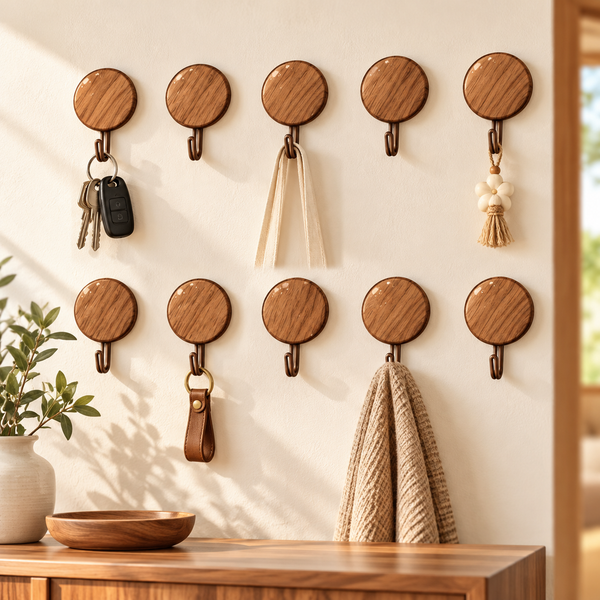 10 piece round wood grain adhesive wall hooks