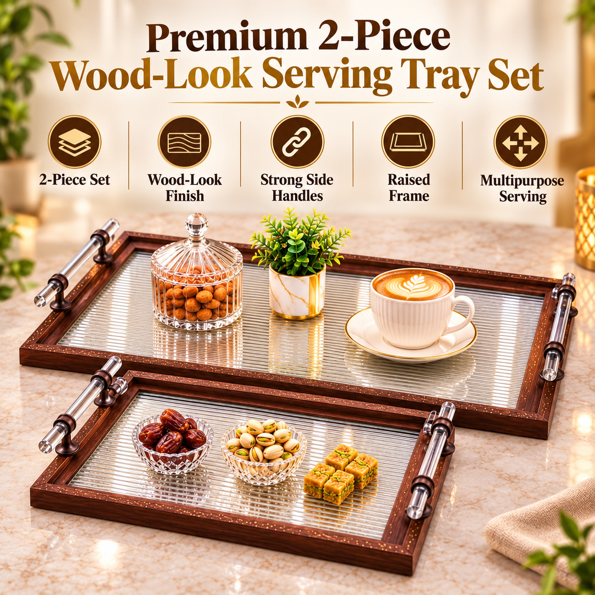 Premium Wood-Look Serving Tray Set with Clear Ribbed Base – 2 Piece features and details