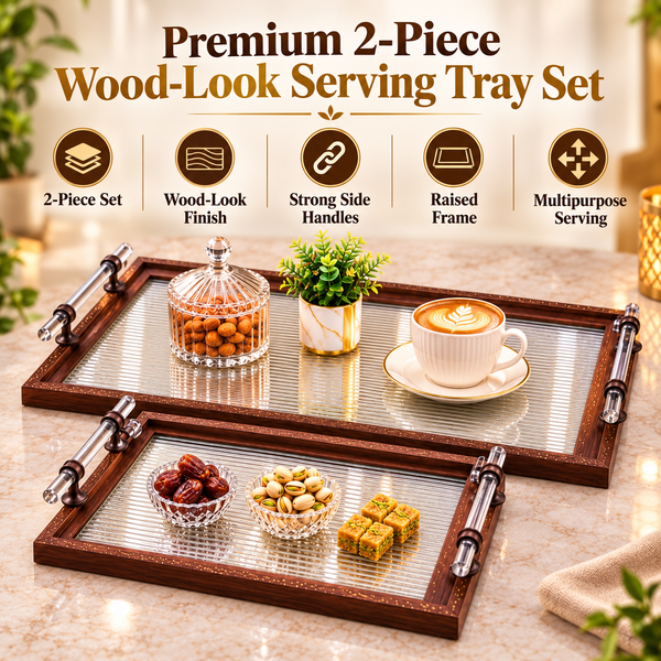 Premium Wood-Look Serving Tray Set with Clear Ribbed Base – 2 Piece features and details