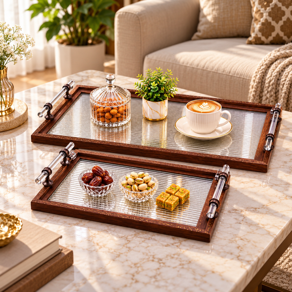 Premium Wood-Look Serving Tray Set with Clear Ribbed Base – 2 Piece lifestyle image