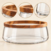 Clear glass serving bowl with wooden rim feature infographic