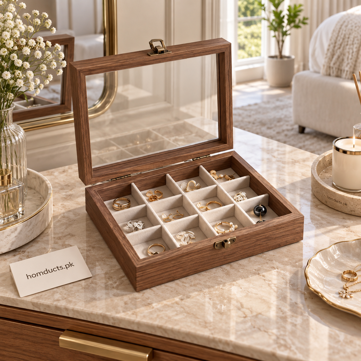 Wooden glass top jewellery organizer box