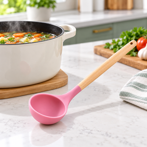 Silicone soup ladle with wooden handle