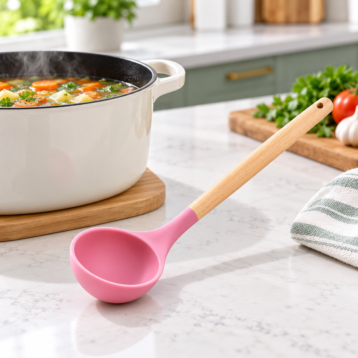 Silicone soup ladle with wooden handle