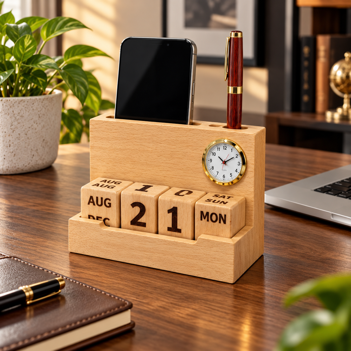 Wooden pen stand with clock and perpetual calendar
