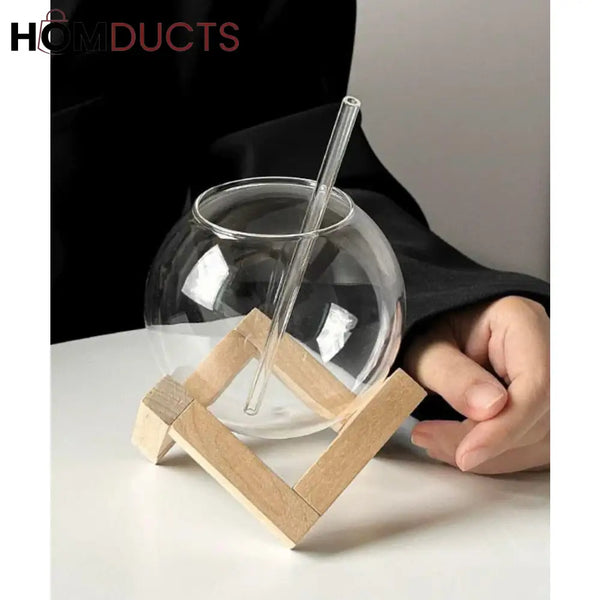 Wooden Stand Round Glass Tumbler - Elegant Cocktail Glassware
