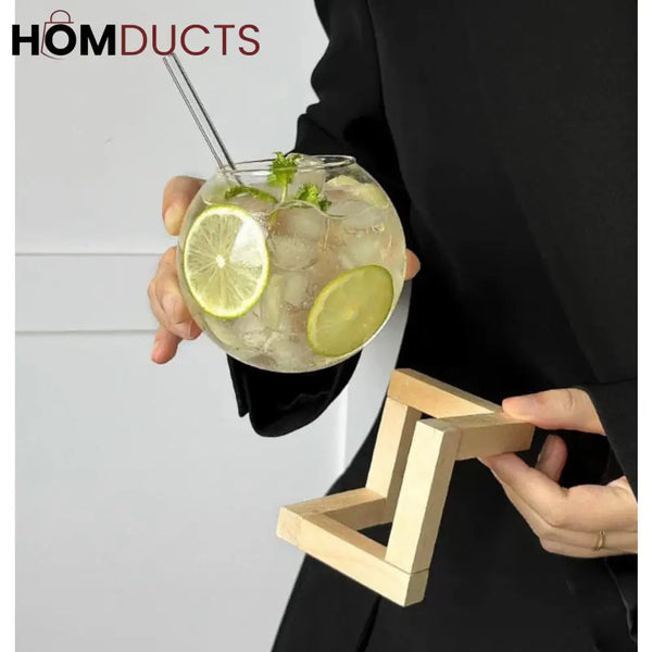 Wooden Stand Round Glass Tumbler - Elegant Cocktail Glassware