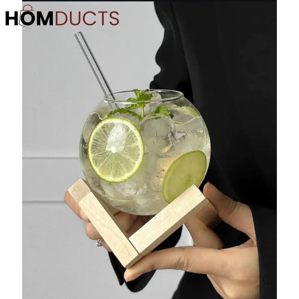 Wooden Stand Round Glass Tumbler - Elegant Cocktail Glassware