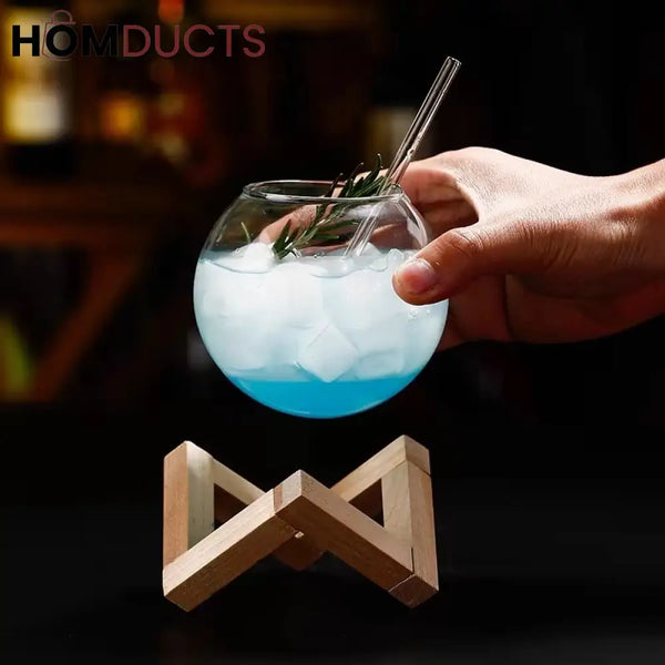Wooden Stand Round Glass Tumbler - Elegant Cocktail Glassware