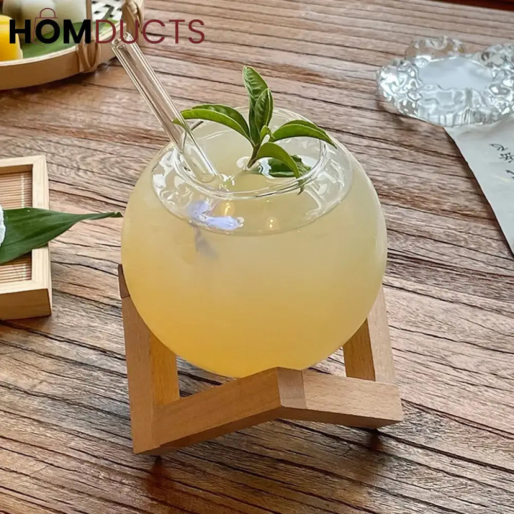 Wooden Stand Round Glass Tumbler - Elegant Cocktail Glassware