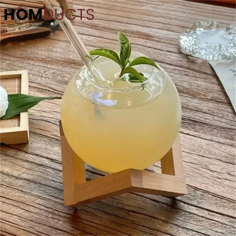 Wooden Stand Round Glass Tumbler - Elegant Cocktail Glassware