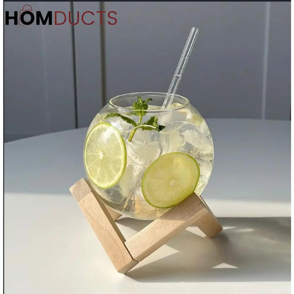 Wooden Stand Round Glass Tumbler - Elegant Cocktail Glassware