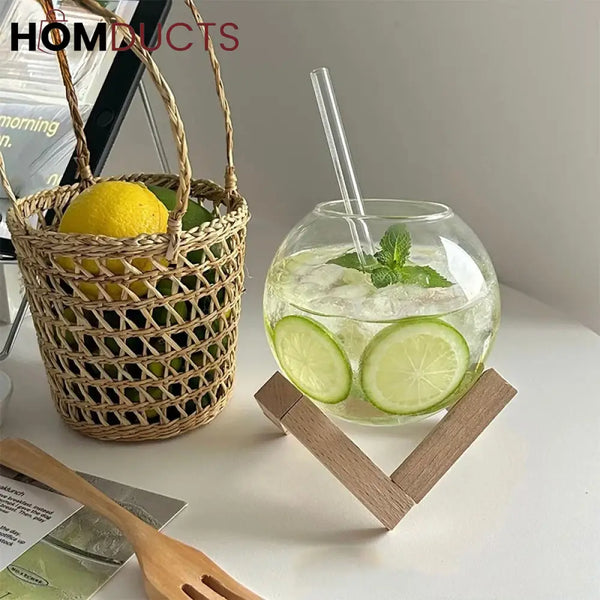 Wooden Stand Round Glass Tumbler - Elegant Cocktail Glassware