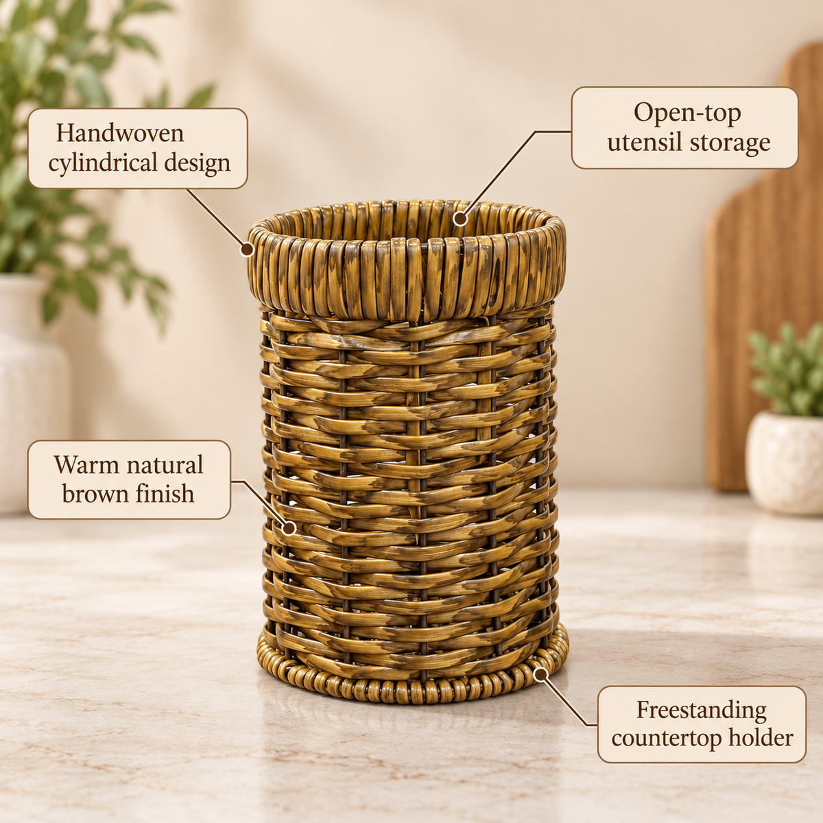 Handwoven Round Kitchen Spoon Holder feature infographic