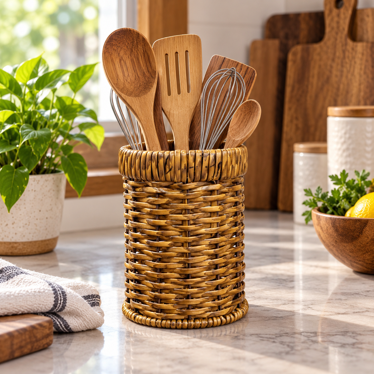 Handwoven Round Kitchen Spoon Holder styled in a premium kitchen setting