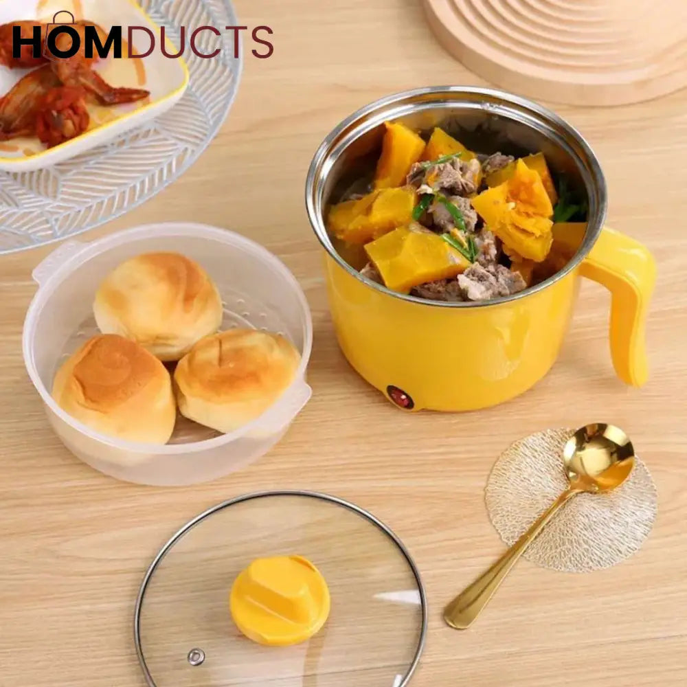 Yellow Electric Cooking Pot with Glass Lid – Multi-Purpose Steamer & Heater for Quick Meals