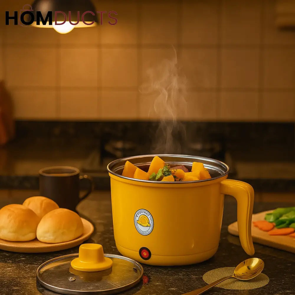 Yellow Electric Cooking Pot with Glass Lid – Multi-Purpose Steamer & Heater for Quick Meals