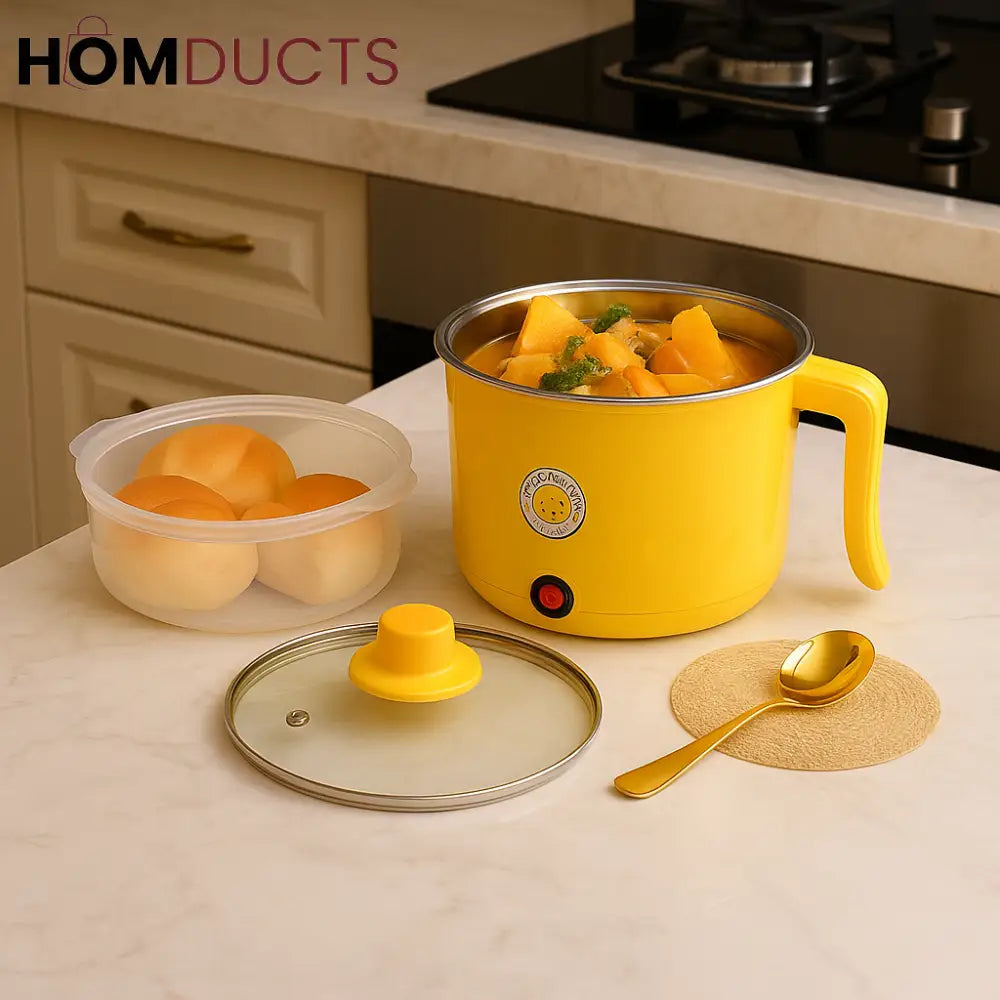 Yellow Electric Cooking Pot with Glass Lid – Multi-Purpose Steamer & Heater for Quick Meals