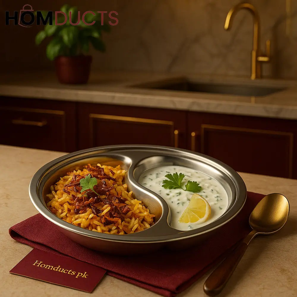Yin-Yang Stainless Steel Partition Plate – Dual-Section Dining Dish for Biryani & Sauces
