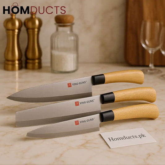 Ying Guns Premium 3 Piece Stainless Steel Kitchen Knife Set – Ultra Sharp Chef Knives with Wooden Handles
