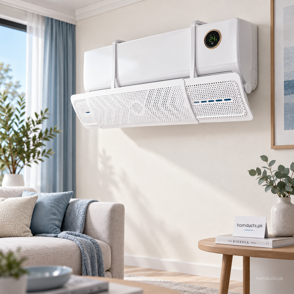 Adjustable white air deflector installed beneath a split air conditioner