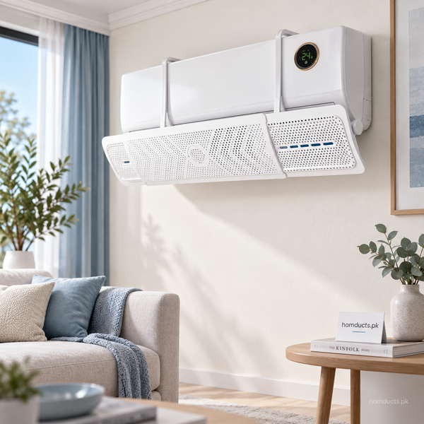 Adjustable white air deflector installed beneath a split air conditioner