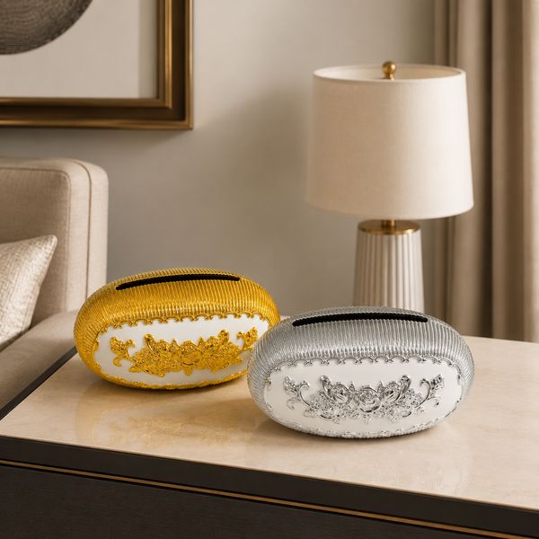 Oval White Gold & Silver Plastic Tissue Box 3383-2