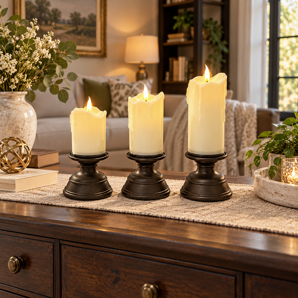 Three-piece flameless pillar candle holder set
