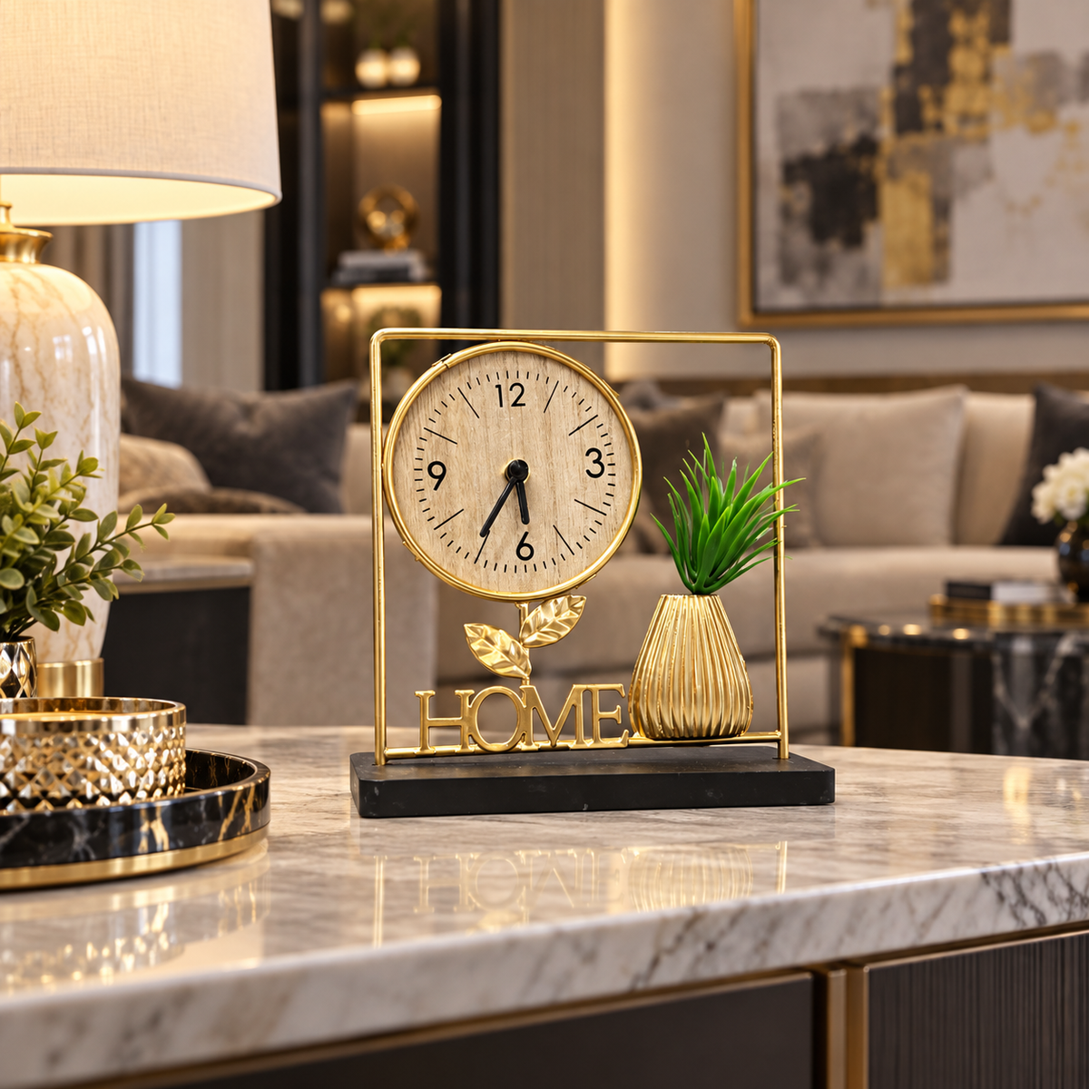 Metal HOME Table Clock with Decorative Planter