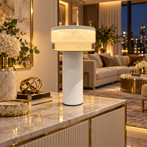 White Crystal Drum Rechargeable Table Lamp