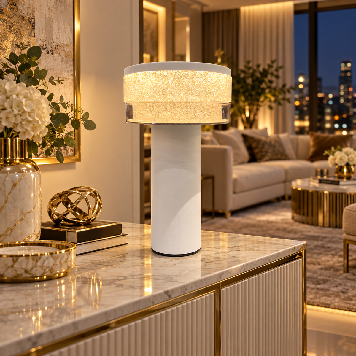 White Crystal Drum Rechargeable Table Lamp